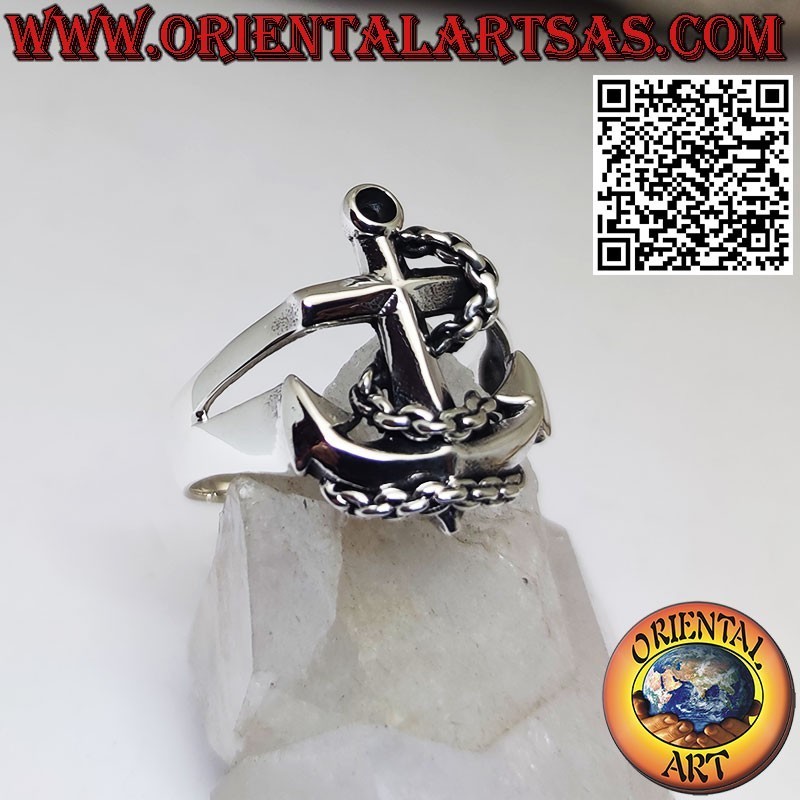 Silver ring with a large three-dimensional anchor symbol of strength