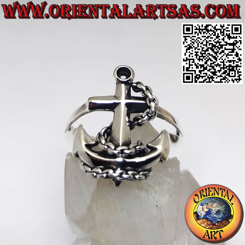 Silver ring with a large three-dimensional anchor symbol of strength
