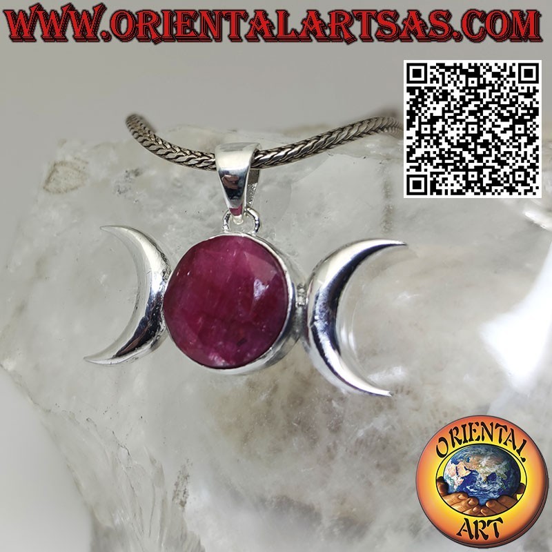 Ciondolo in argento della luna triplice dea (wicca) con rubino naturale