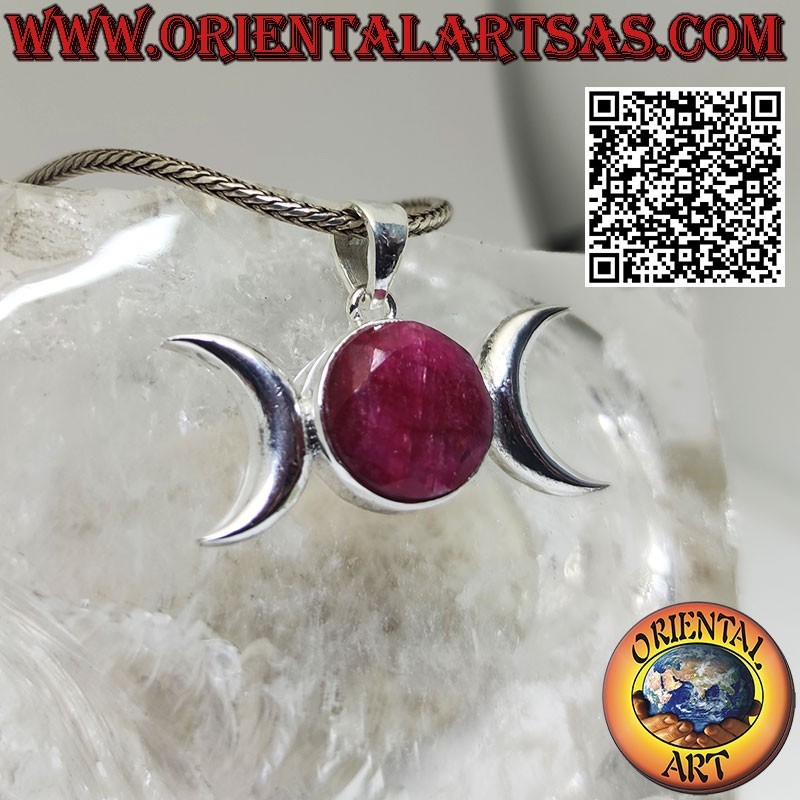 Pendentif en argent triple déesse lune (Wicca) avec rubis naturel