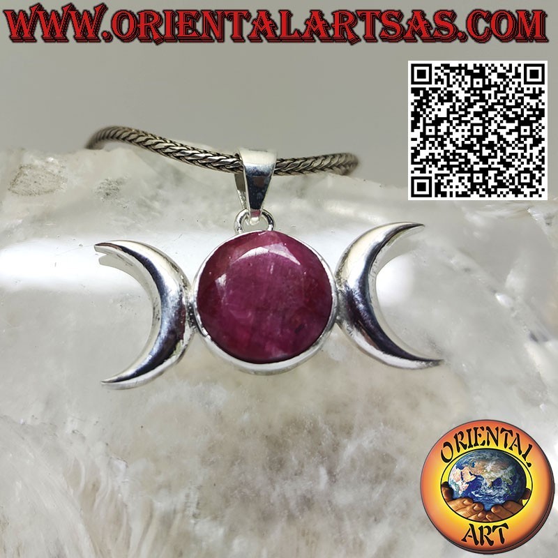 Pendentif en argent triple déesse lune (Wicca) avec rubis naturel