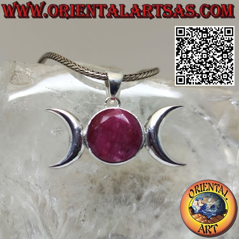 Triple Goddess Moon (Wicca) Silver Pendant with Natural Ruby