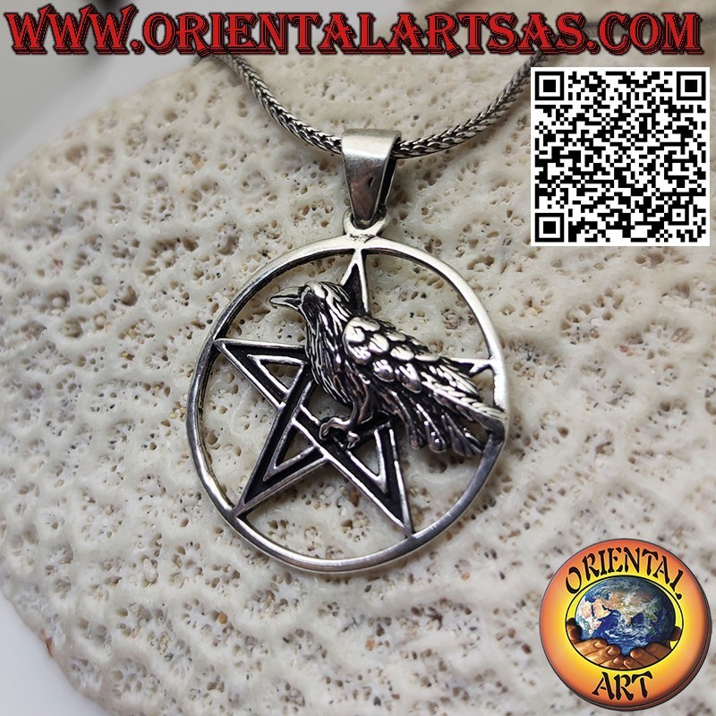 Silver raven pendant on the pentagram, star points upwards