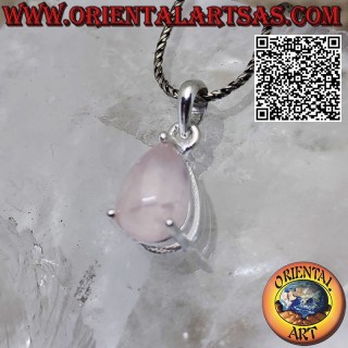 Pendentif en argent avec quartz rose naturel en forme de goutte serti dans des griffes