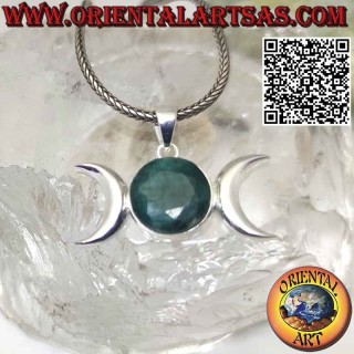 Pendentif en argent triple lune déesse wicca avec émeraude naturelle ronde