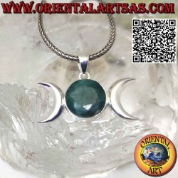 Triple moon wicca goddess silver pendant with round natural emerald