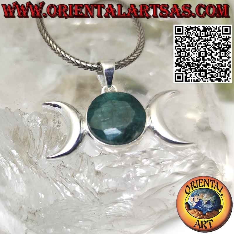 Ciondolo in argento triplice luna dea wicca con smeraldo naturale tondo