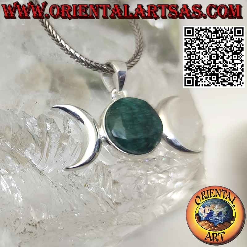 Ciondolo in argento triplice luna dea wicca con smeraldo naturale tondo