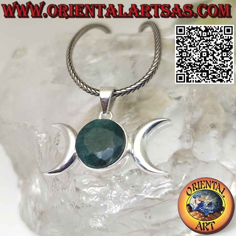 Ciondolo in argento triplice luna dea wicca con smeraldo naturale tondo