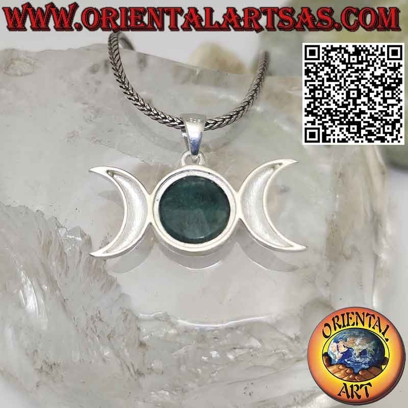 Colgante de plata diosa wicca triple luna con esmeralda natural redonda
