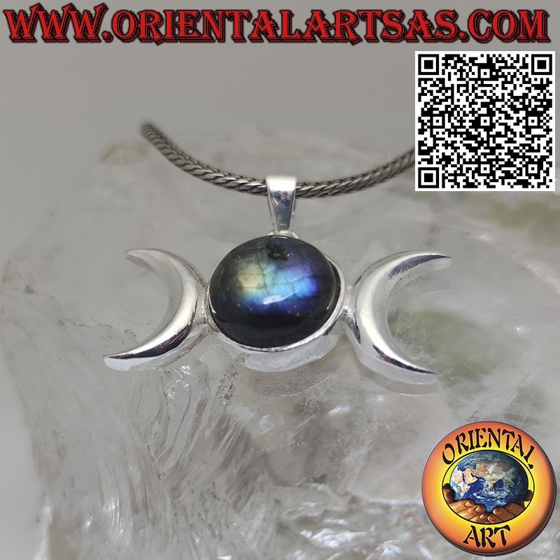 Ciondolo in argento triplice luna dea wicca con labradorite naturale tonda