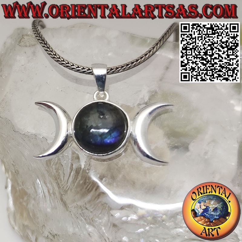 Colgante de plata diosa wicca triple luna con labradorita natural redonda