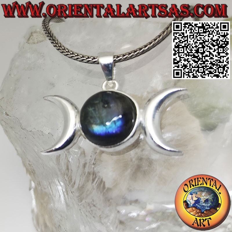 Pendentif en argent déesse wicca triple lune avec labradorite naturelle ronde