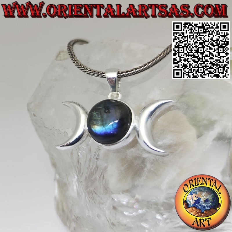 Colgante de plata diosa wicca triple luna con labradorita natural redonda