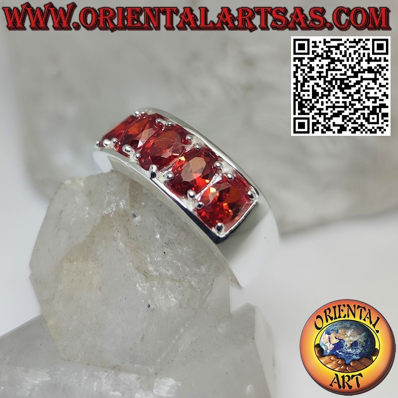 Silver band ring with 5 oval Garnets set side by side