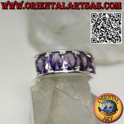 Silver band ring with 5 individually set oval amethysts