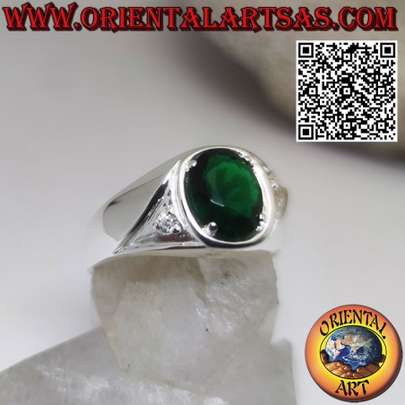 Silver ring with oval synthetic emerald set and zircons