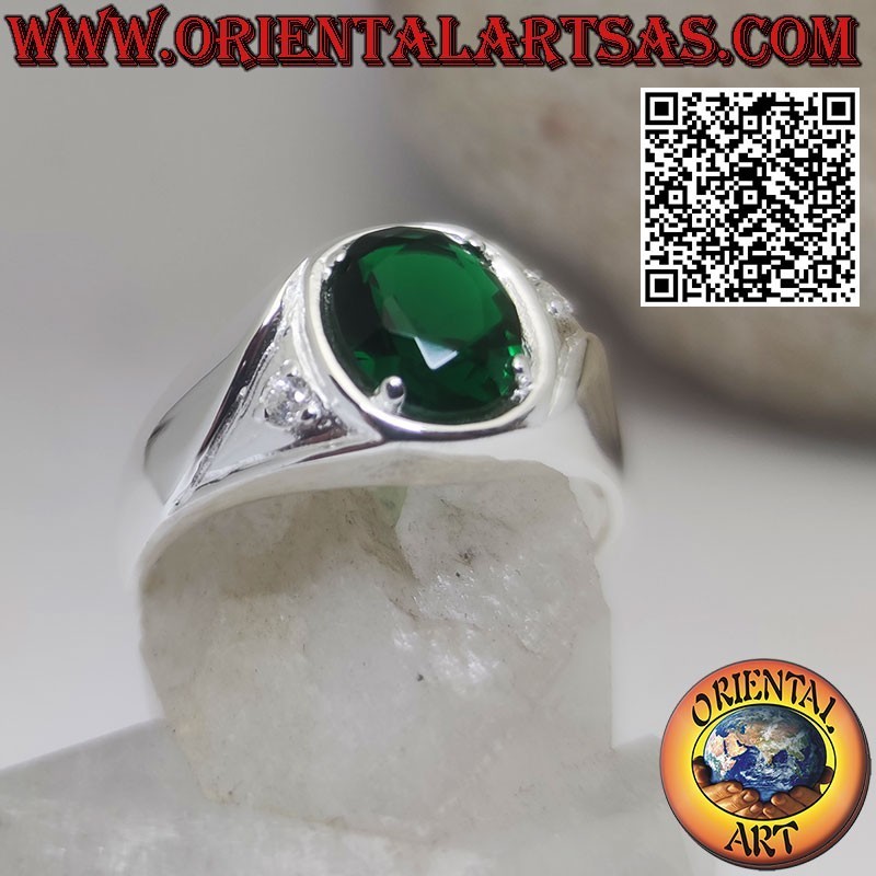 Bague en argent avec émeraude synthétique ovale sertie et zircons