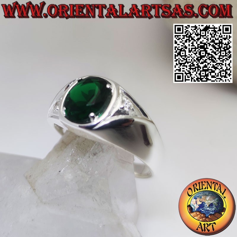 Silver ring with oval synthetic emerald set and zircons