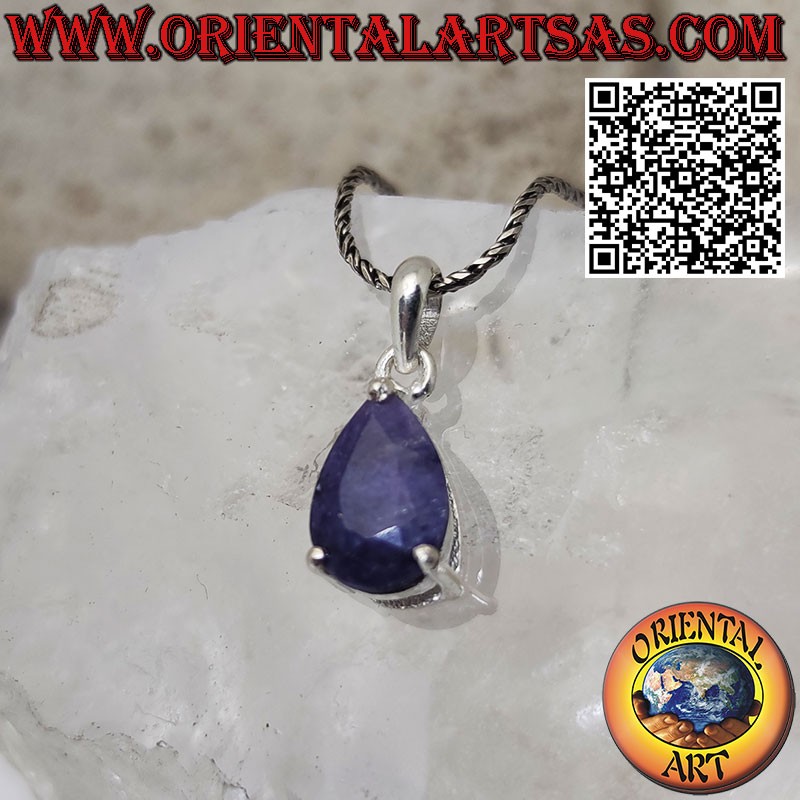 Silver pendant with natural drop-shaped sapphire set in prongs
