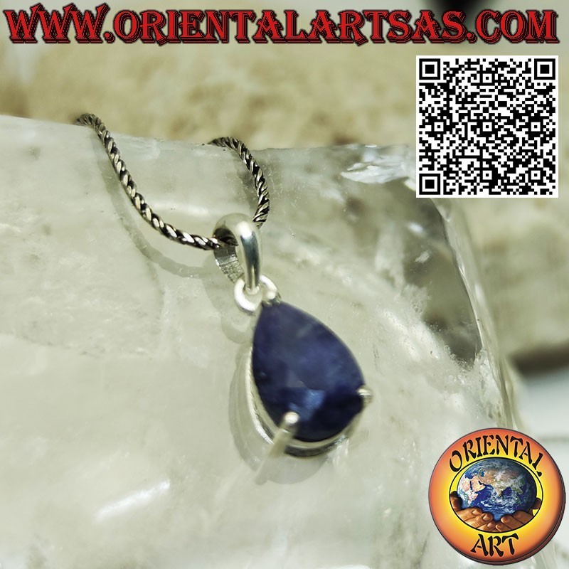 Silver pendant with natural drop-shaped sapphire set in prongs