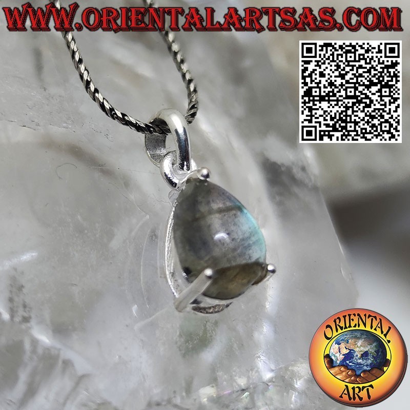 Silver pendant with natural drop-shaped labradorite set in claws