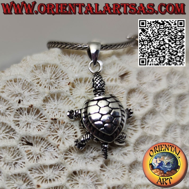 Silver pendant mobile land turtle moves head feet tail