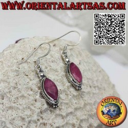 Silver earrings with natural shuttle rubies and braided edge