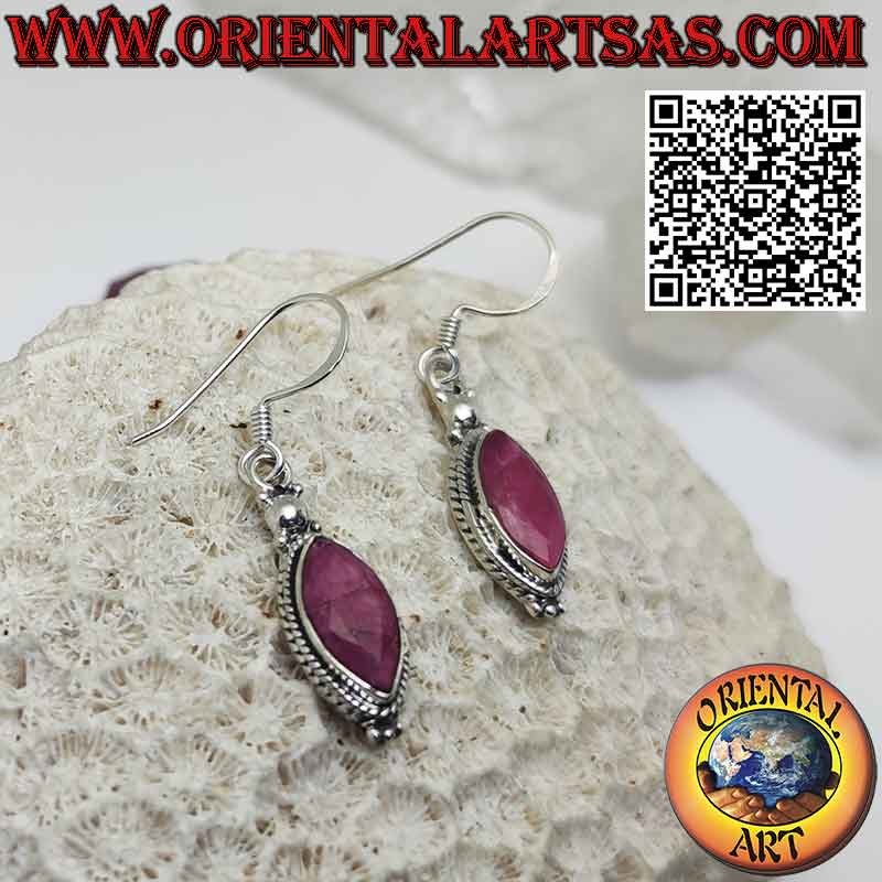 Silver earrings with natural shuttle rubies and braided edge