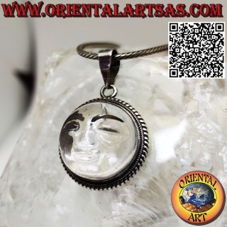 Pendentif en argent avec soleil couché sur un cristal de roche rond et un bord entrelacé