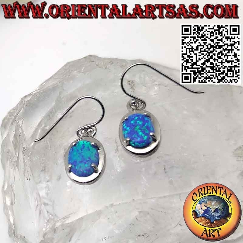 Orecchini in argento con opale mistico blu ovale a filo bordo liscio