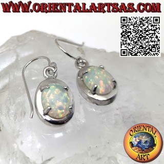 Boucles d'oreilles en argent avec opale mystique bleue ovale à bord lisse