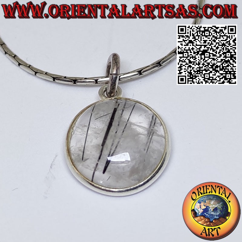 Round natural tourmalinated quartz pendant tumbled with only edge and hook in smooth 925 ‰ silver