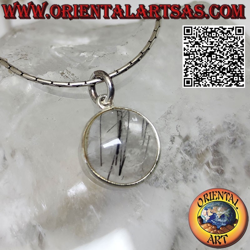 Round natural tourmalinated quartz pendant tumbled with only edge and hook in smooth 925 ‰ silver