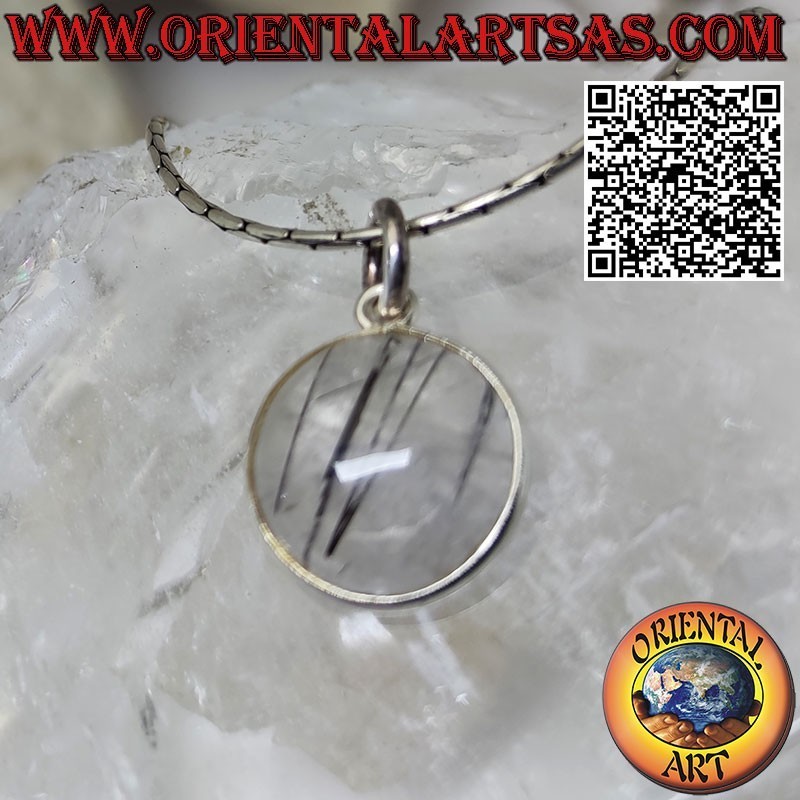Round natural tourmalinated quartz pendant tumbled with only edge and hook in smooth 925 ‰ silver