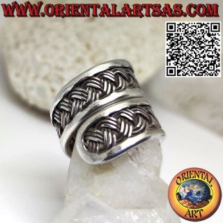 Anillo banda de plata, espiral ajustable con tejido Karen de 3 hilos