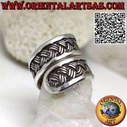 Silver band ring, adjustable spiral with 3-strand Karen weave