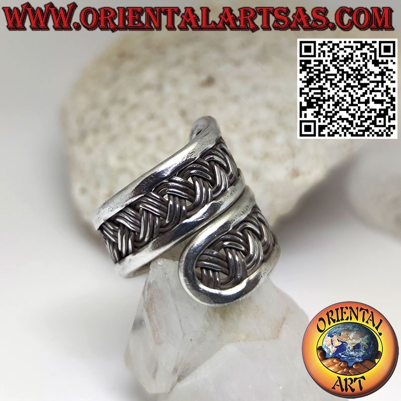 Anello fascia in argento, spirale regolabile con intreccio Karen 3 fili