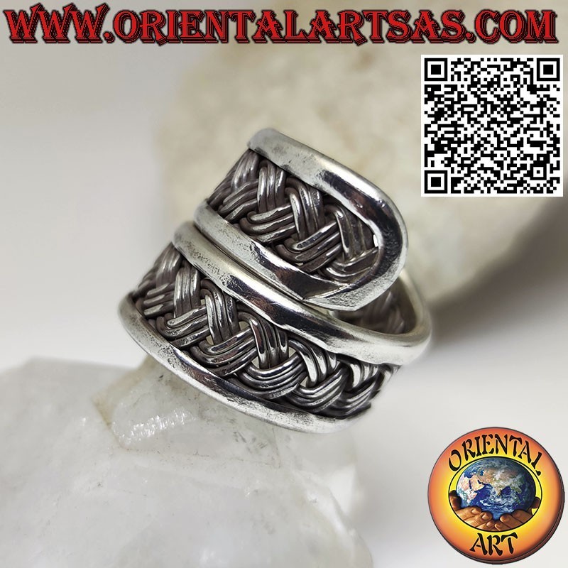 Silver band ring, adjustable spiral with 3-strand Karen weave