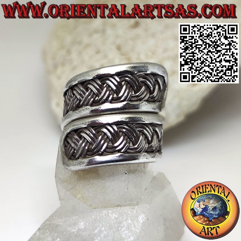 Anillo banda de plata, espiral ajustable con tejido Karen de 3 hilos