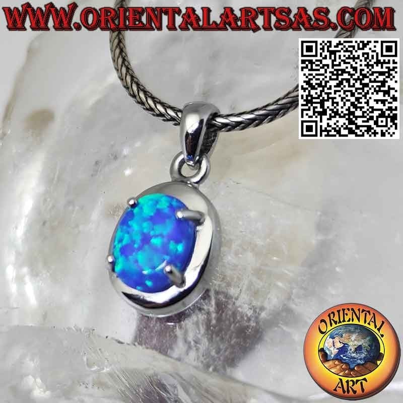 Colgante de plata con ópalo azul ovalado, borde liso y puntas