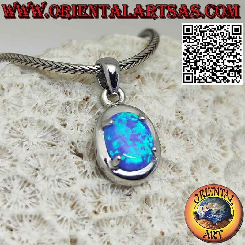 Colgante de plata con ópalo azul ovalado, borde liso y puntas