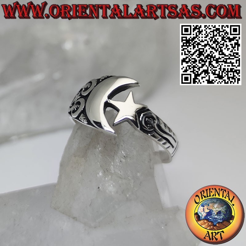 Anillo de plata estrella y luna con decoración celta lateral