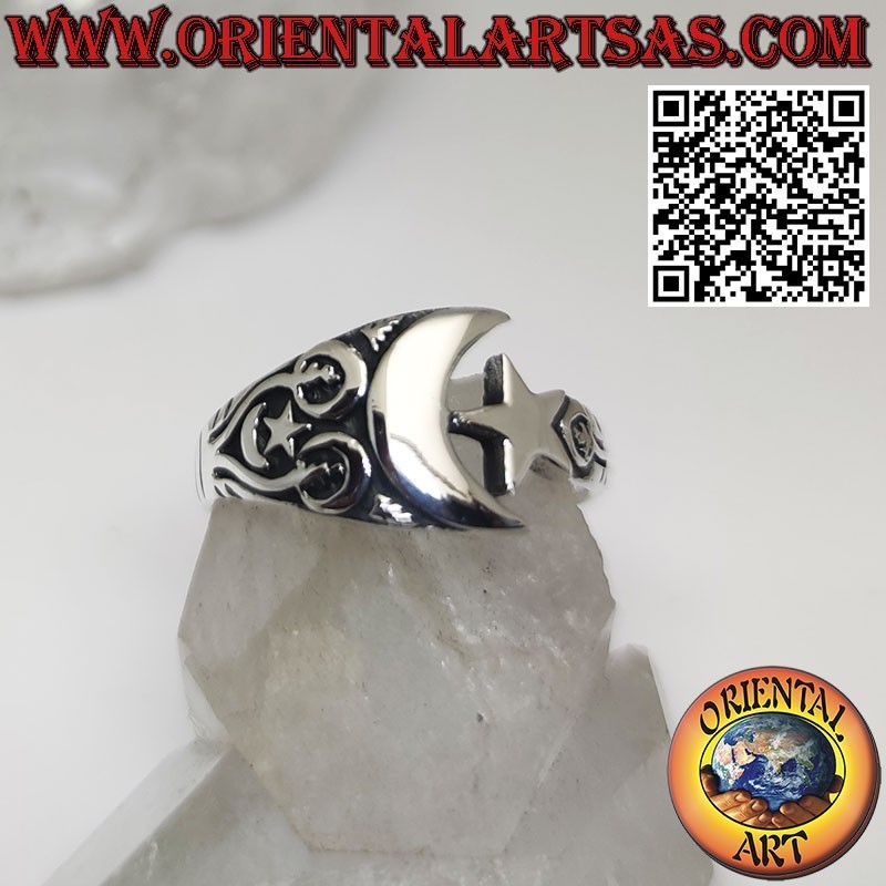 Bague étoile et lune en argent avec décoration celtique latérale