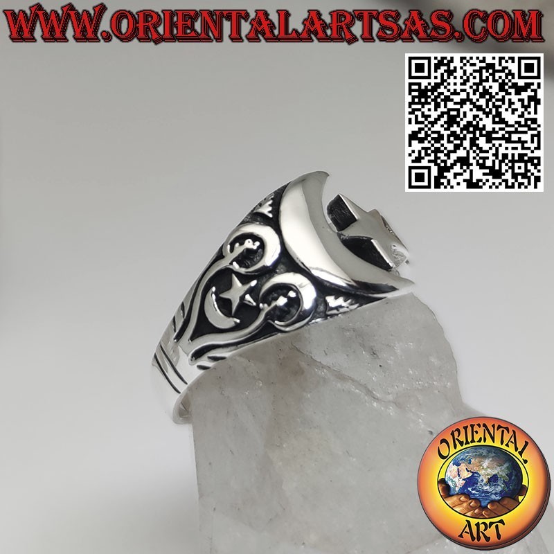 Bague étoile et lune en argent avec décoration celtique latérale
