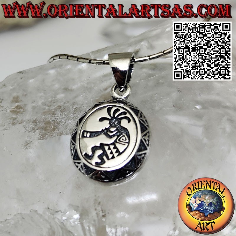 Silver pendant, oval medal with engraved kokopelli, the fertility flutist