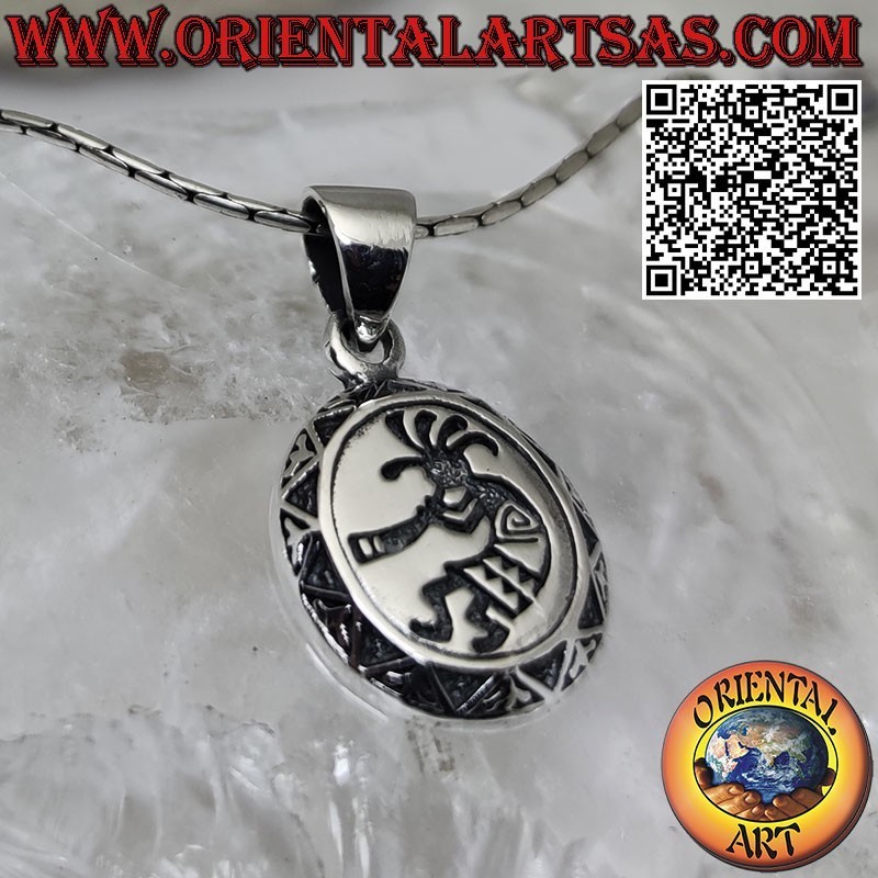 Silver pendant, oval medal with engraved kokopelli, the fertility flutist