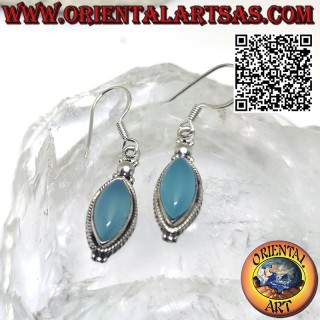 Silver earrings with natural celestine shuttle cabochon between a trio of balls