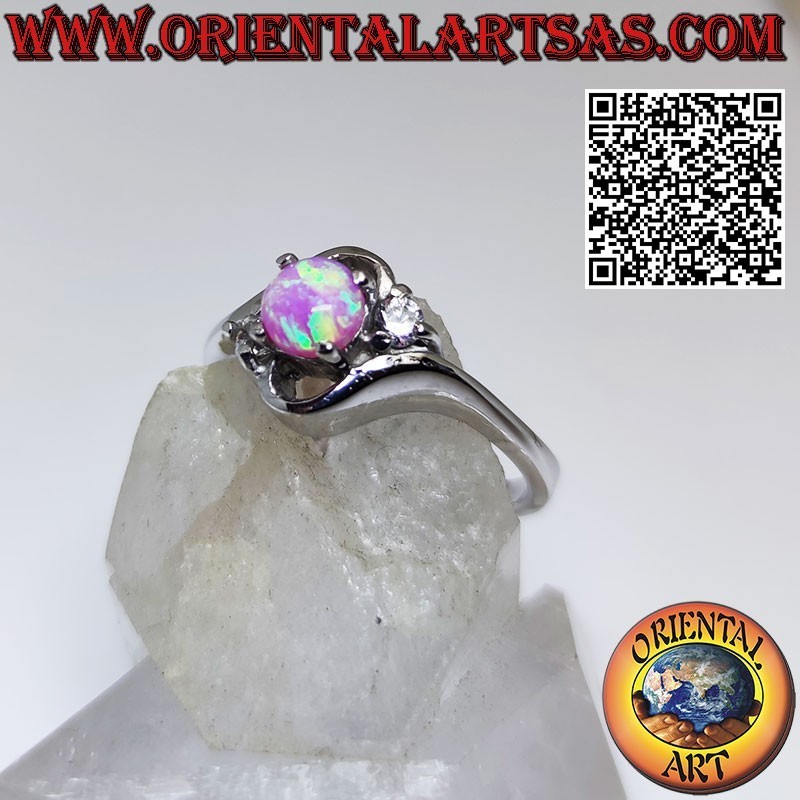 Anello in argento "trilogy" obliquo con opale rosa tondo e zirconi