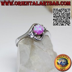 Oblique "trilogy" silver ring with round pink opal set and side white zircon